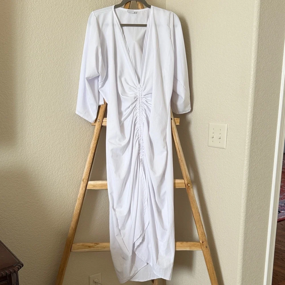ANNA KAY White Ruched V-Neck Long Sleeve Dress Deep V - Picture 2 of 4